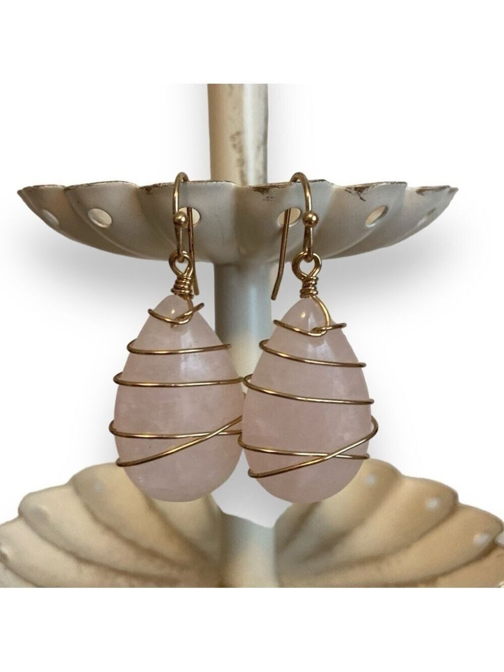 Rose Quartz Earrings Wire Wrapped Goldtone Pink